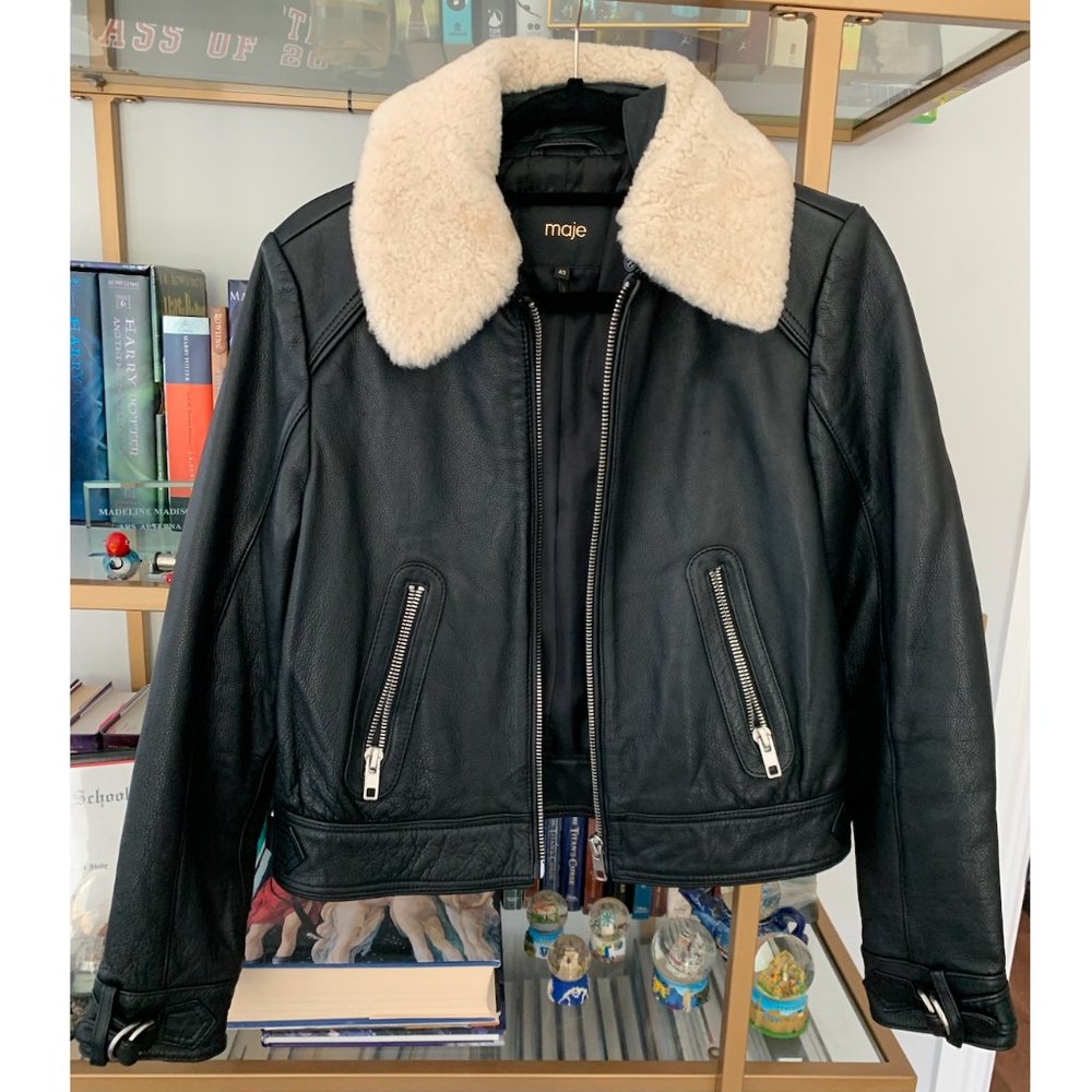 New Maje Bakard Aviator Leather Jacket with Removable Shearling Collar